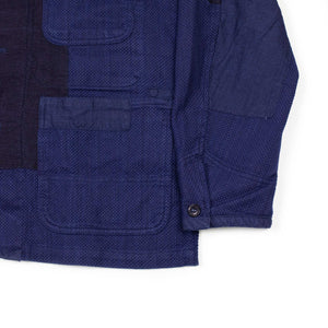 Indigo dyed patchwork coverall jacket in cotton, linen and rayon