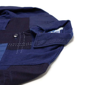 Indigo dyed patchwork coverall jacket in cotton, linen and rayon