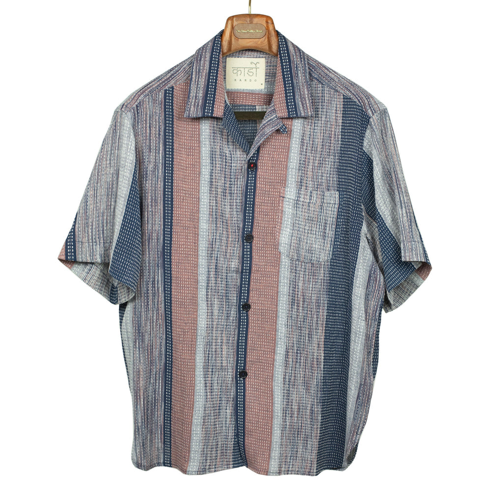 Kardo Ronen camp shirt in mauve,navy and grey block stripe rice