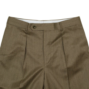 Manhattan high-rise wide tapered pleated trousers in brown melange cavalry twill wool (restock)