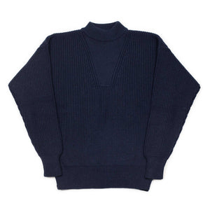 Thunderbolt ribbed crewneck sweater in navy blue wool, cashmere and silk