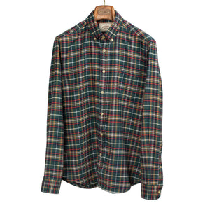 Forest Train shirt in green, blue, red and orange plaid cotton flannel