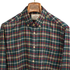 Forest Train shirt in green, blue, red and orange plaid cotton flannel