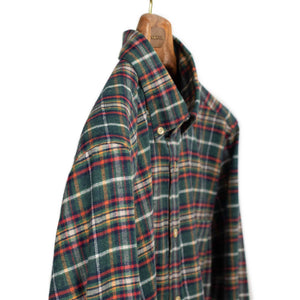 Forest Train shirt in green, blue, red and orange plaid cotton flannel