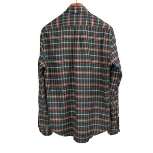 Forest Train shirt in green, blue, red and orange plaid cotton flannel