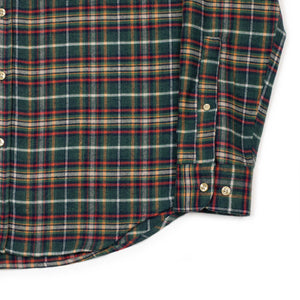 Forest Train shirt in green, blue, red and orange plaid cotton flannel