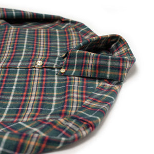 Forest Train shirt in green, blue, red and orange plaid cotton flannel