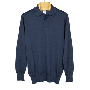 Knit long sleeve polo in navy blue merino wool (restock)