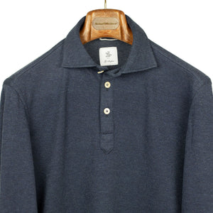 Long-sleeve polo shirt in navy double-face cotton cashmere (restock)