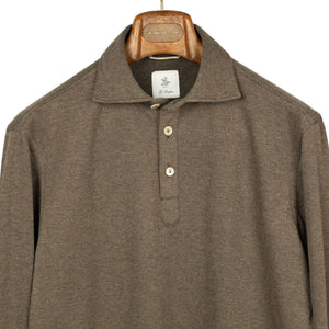 Long-sleeve polo shirt in brown double-face cotton cashmere (restock)