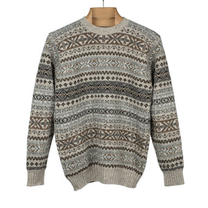 Fair Isle crew-neck sweater, buckwheat, grey, brown, and black (restock)
