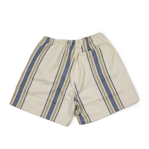 Belted easy shorts in ecru and blue striped chambray cotton