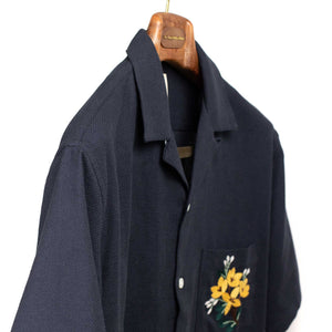 Pique camp collar shirt in navy with floral pocket embroidery