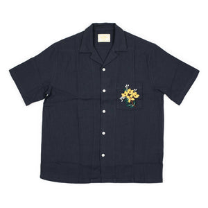 Pique camp collar shirt in navy with floral pocket embroidery