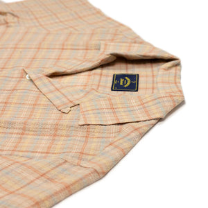 Plaid Crepe camp collar shirt in orange, beige, and blue plaid seersucker