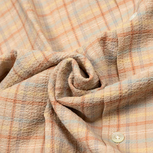 Plaid Crepe camp collar shirt in orange, beige, and blue plaid seersucker