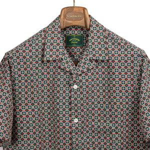 Tile camp collar shirt in green and orange mosaic print cotton