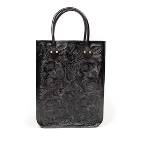 Hand-tooled leather tote bag in black