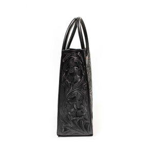 Hand-tooled leather tote bag in black