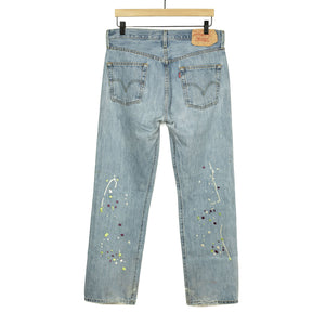 Vintage Levis 501 jeans with embroidered paint splatter, light wash