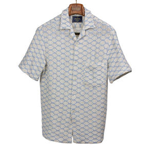 Net camp collar shirt in white and powder blue openweave cotton mix