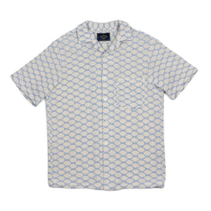 Net camp collar shirt in white and powder blue openweave cotton mix