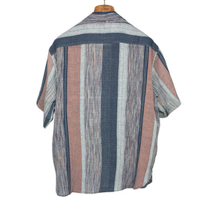 Ronen camp shirt in mauve, navy and grey block stripe rice stitched cotton