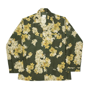 Le Plage Pyjama shirt in green silk and cotton w/ daffodil print