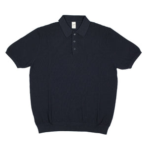 Knit short sleeve cotton polo, navy blue mini diamond pattern