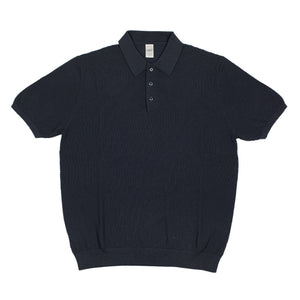 Knit short sleeve cotton polo, navy blue mini diamond pattern