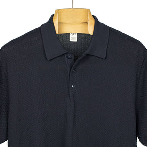 Knit short sleeve cotton polo, navy blue mini diamond pattern