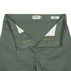 Range pant paneled trousers in moss and pistachio green stretch cotton twill