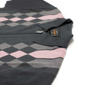 Zip knit polo in retro pink and black jacquard ramie and cotton