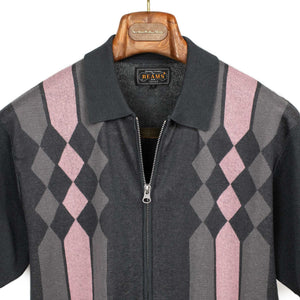 Zip knit polo in retro pink and black jacquard ramie and cotton