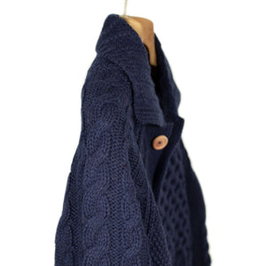 Crazy cable knit Aran cardigan in navy wool