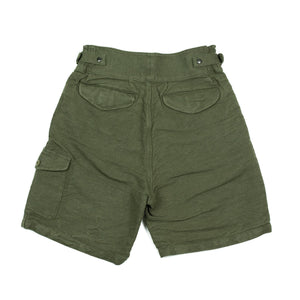 Gurkha shorts in olive heavy jute and cotton canvas