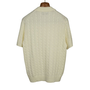 Short sleeve cable knit polo in cream linen and cotton