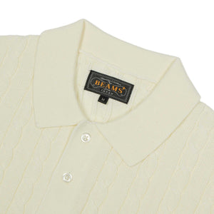 Short sleeve cable knit polo in cream linen and cotton