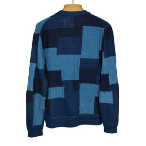 Crazy patchwork cable knit cardigan in indigo-dyed cotton