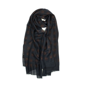 Printed wool stole in navy with subtle rust flower motifs
