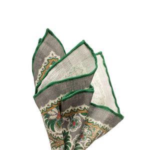 Grey linen pocket square, large green and tan botanical print