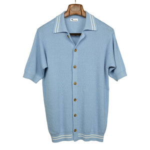 AAgar short sleeve knitted shirt in light blue cotton with white collar stripes