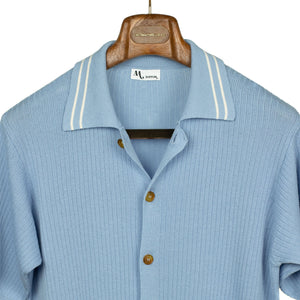 AAgar short sleeve knitted shirt in light blue cotton with white collar stripes