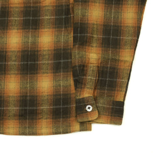 Open collar shirt in tan & chocolate shadow plaid cotton flannel