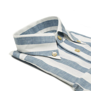 Blue wide stripe linen shirt with Anacapri buttoned one-piece collar (restock)