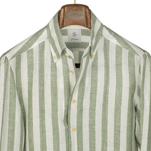 Green wide stripe linen shirt with Anacapri buttoned one-piece collar (restock)