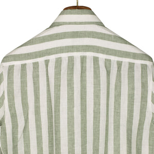 Green wide stripe linen shirt with Anacapri buttoned one-piece collar (restock)