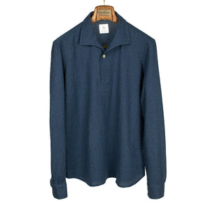 Long-sleeve polo shirt in navy melange grenadine cotton, one-piece collar (restock)