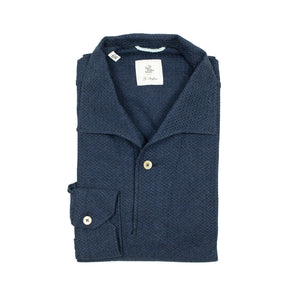 Long-sleeve polo shirt in navy melange grenadine cotton, one-piece collar (restock)