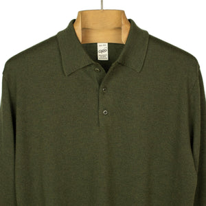 Knit long sleeve polo in dark green merino wool (restock)